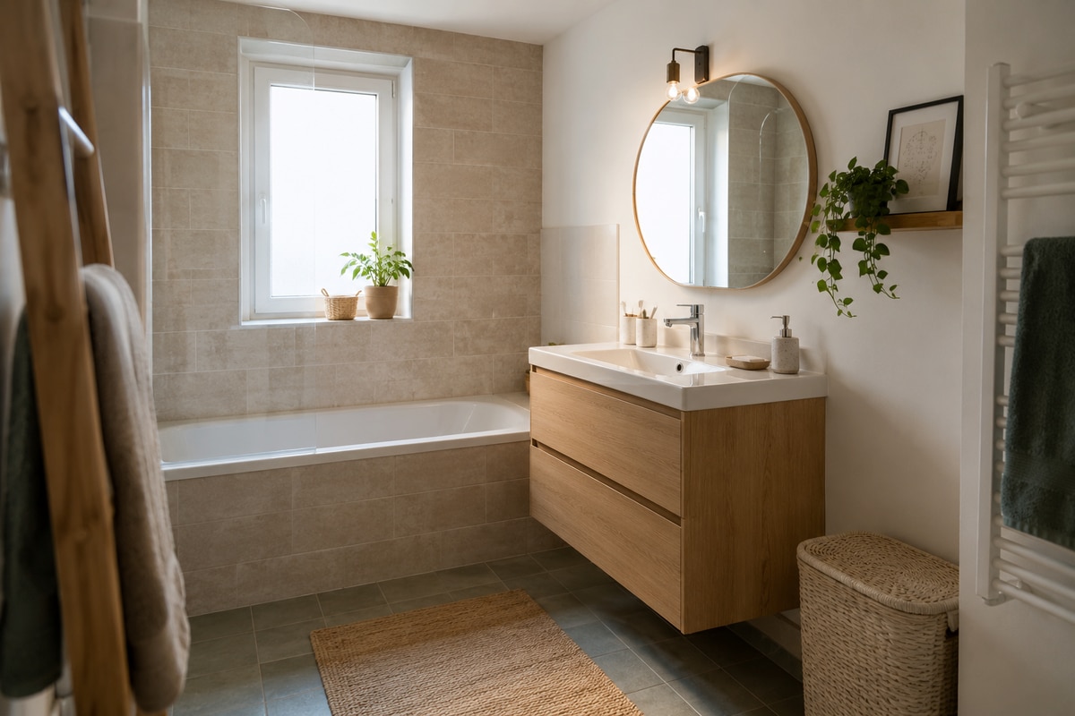 Salle de bain moderne rénovée avec un petit budget.