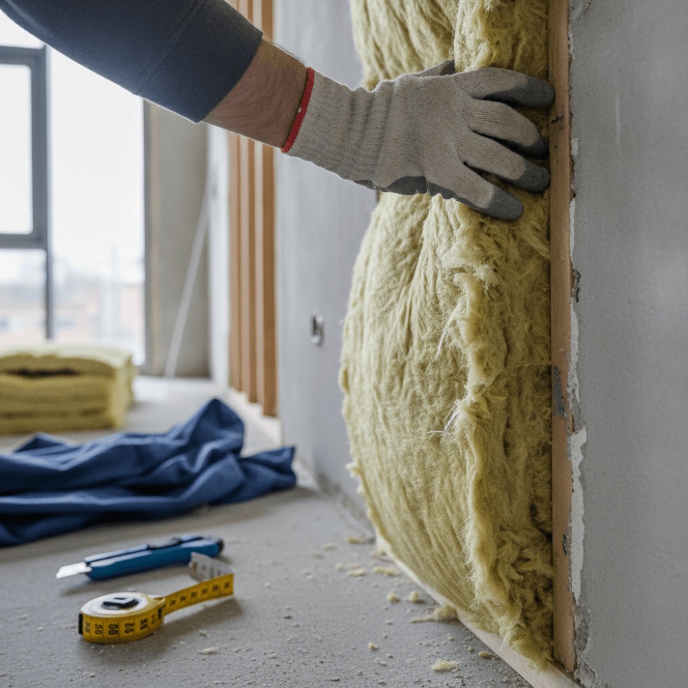 Artisan posant un isolant en laine de verre lors d'un chantier de rénovation énergétique