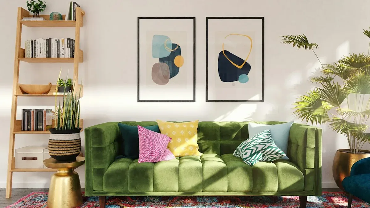 Salon aménagé avec canapé vert, étagères et plantes dans une lumière naturelle